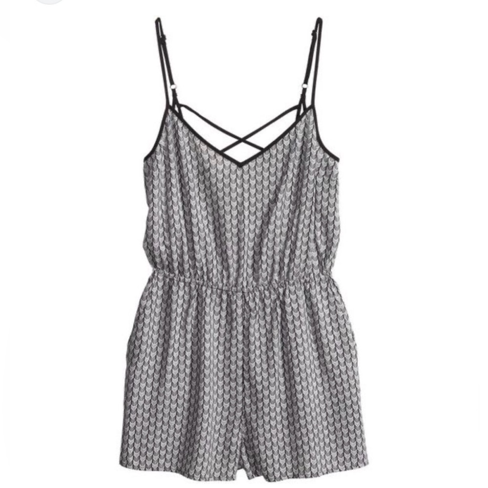 H&M Divided V Neck Black & White Patterned Cross Back Romper